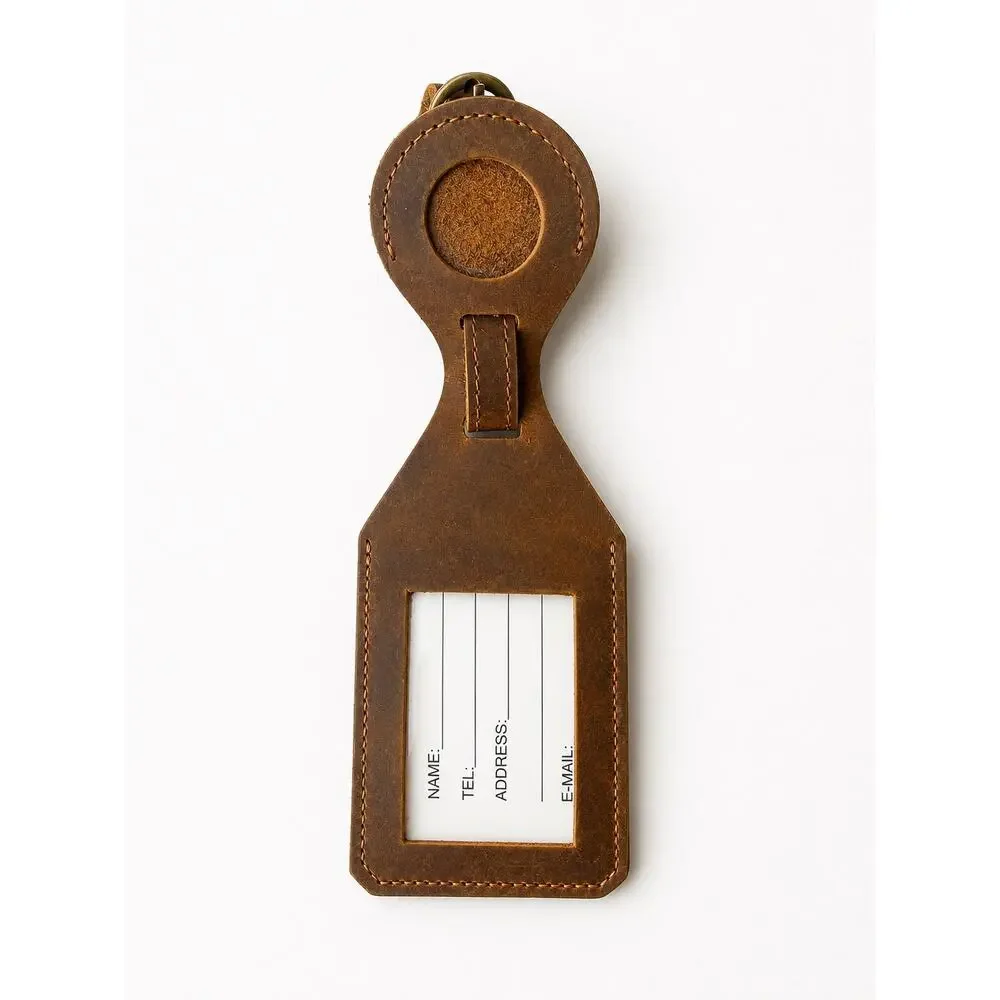 Leather AirTag Holder Luggage Tag Travel ID Case Brown Buckle Strap